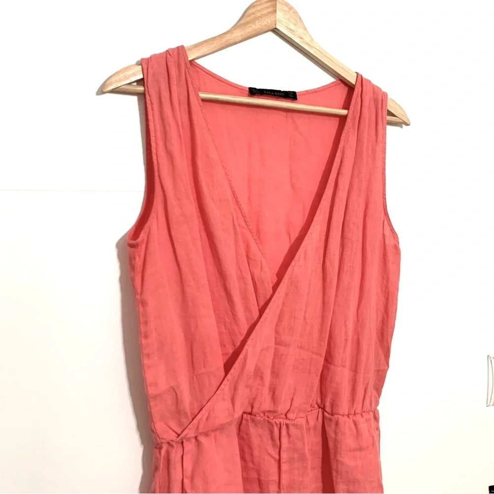 Zara Basics Coral Linen Romper Size Small V-Neck Sleeveless Casual